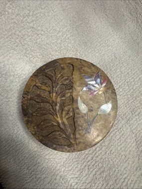 Round Decorative Stone Box with Inlaid Flower Motif - Brown and Iridescent